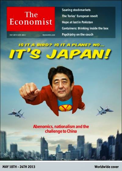 The Economist's front cover for May features a flying Japanese man with a Yen superhero shirt