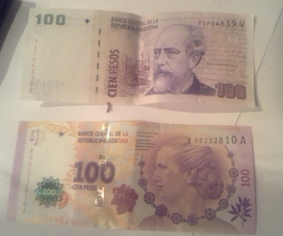The Old 100-Peso Note and the New, with Eva Peron