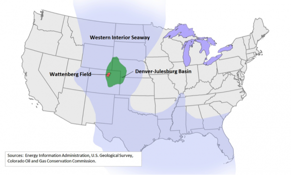 Oil Deposit Map Showing Denver-Julesburg Basin and Wattenberg Field