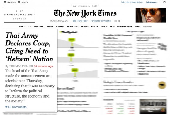 New York Times Webpage With Thailand Coup Headline