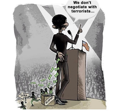 Political Cartoon of President Obama Giving Money for Weapons