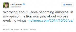 NY Times Columnist Carl Zimmer Tweets Denial About Ebola Becoming Airborne